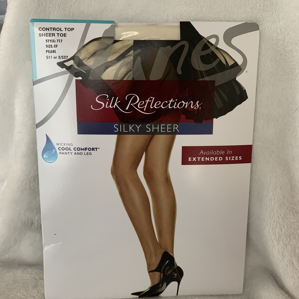 Hanes Pantyhose Silk Reflections Control Top Sheer Toe Pearl Style 717 Size EF